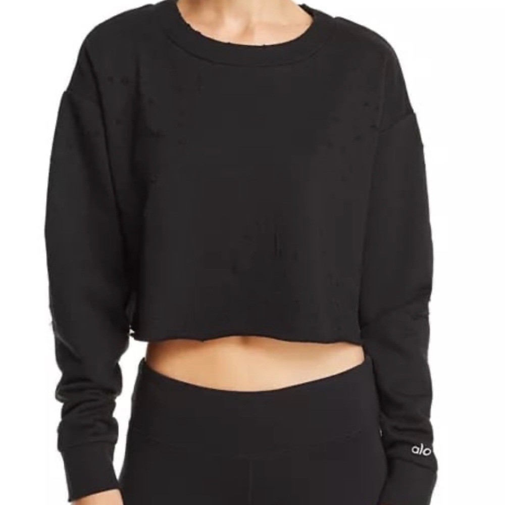 ALO Yoga Black Distressed Cropped Sweatshirt